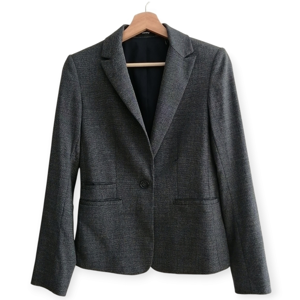 Theory Gabe Portmore Wool Single Button Blazer Speckled Grey 3 Pockets Size 2